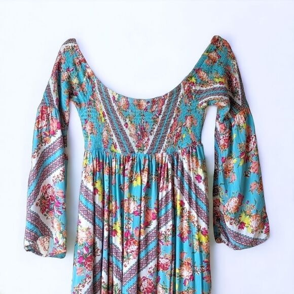 Torrid Off Shouler‎ Women's Turquoise Scarf Print Challis Smocked Maxi Dress 0X - Picture 6 of 12